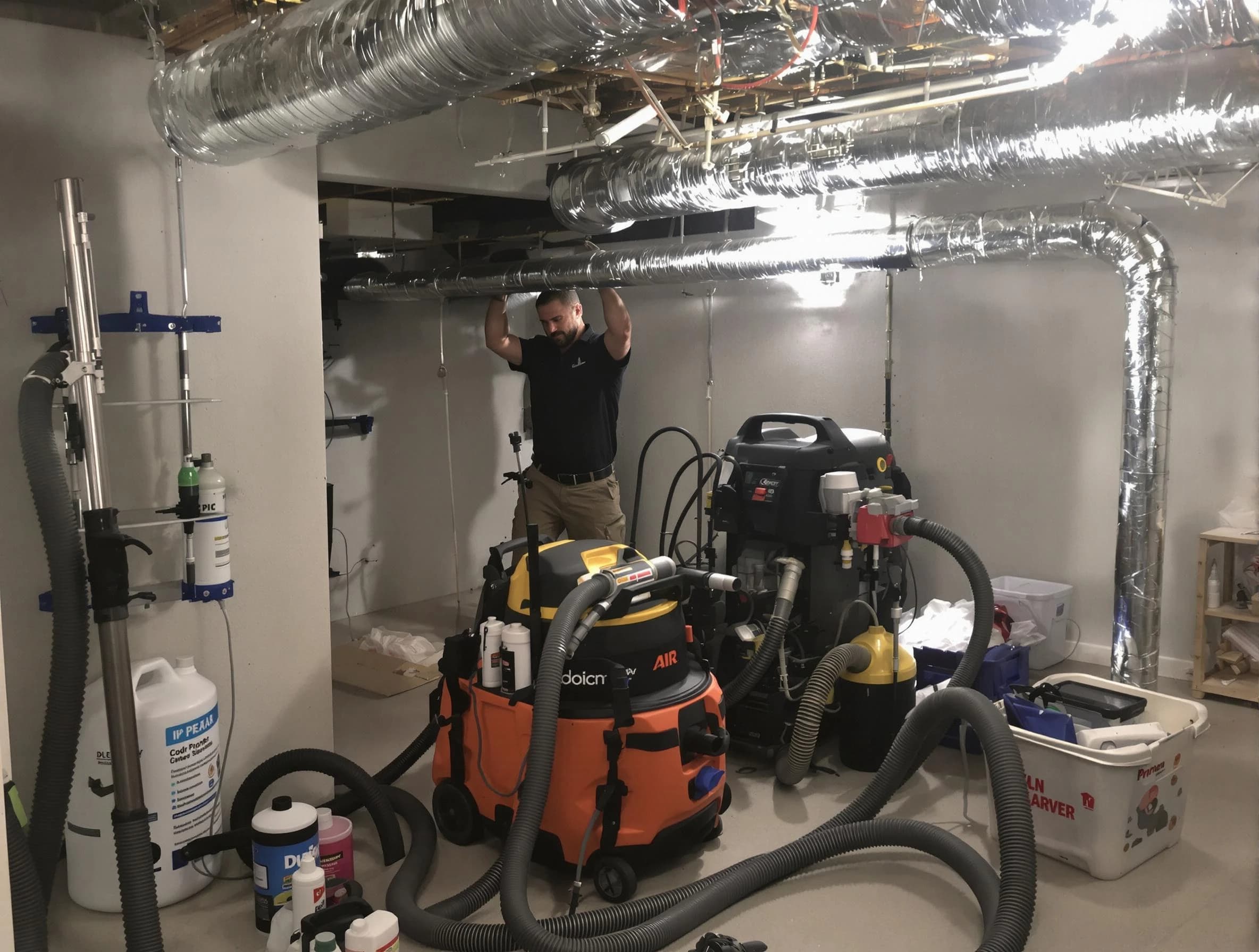 Ashland Air Duct Cleaning specialist performing professional mold removal from air ducts using safety equipment in Ashland